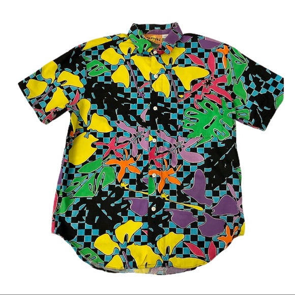 Vintage Tops - Vintage Made in USA Graphic Button Down Rainbow Geo Print Unisex Shirt Medium